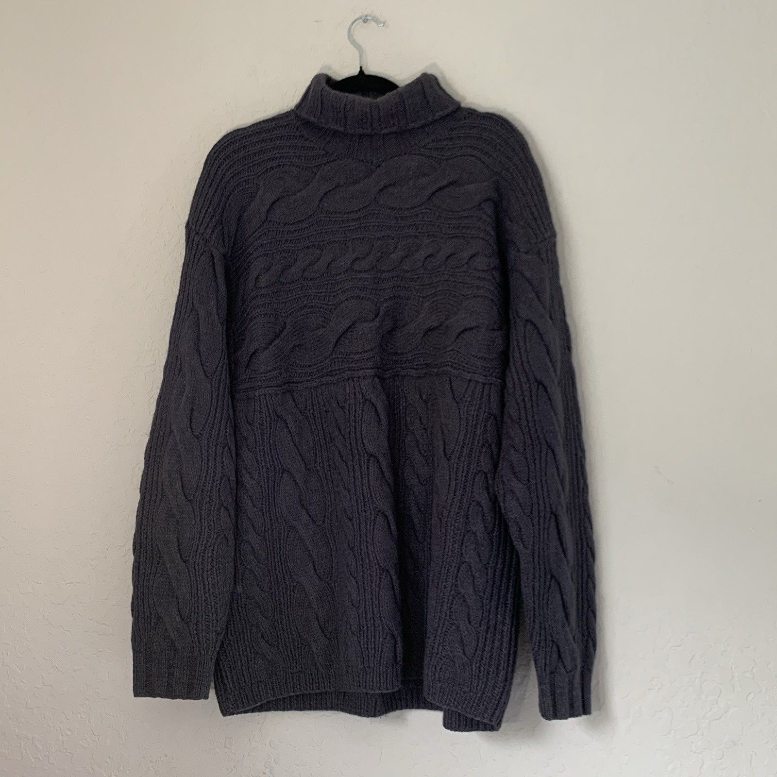 Vintage Tommy Hilfiger Sweater Mens L Gray Cable Chunky 3d Knit Wool Heavyweight